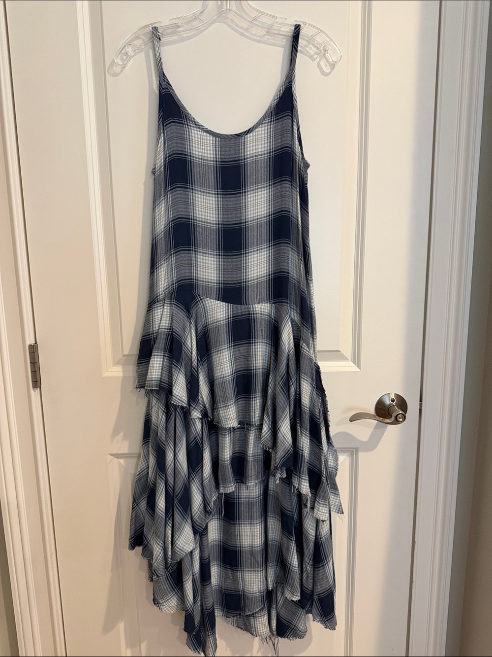 G.V.G.V. Navy and White Plaid Tiered Spaghetti Strap Dress